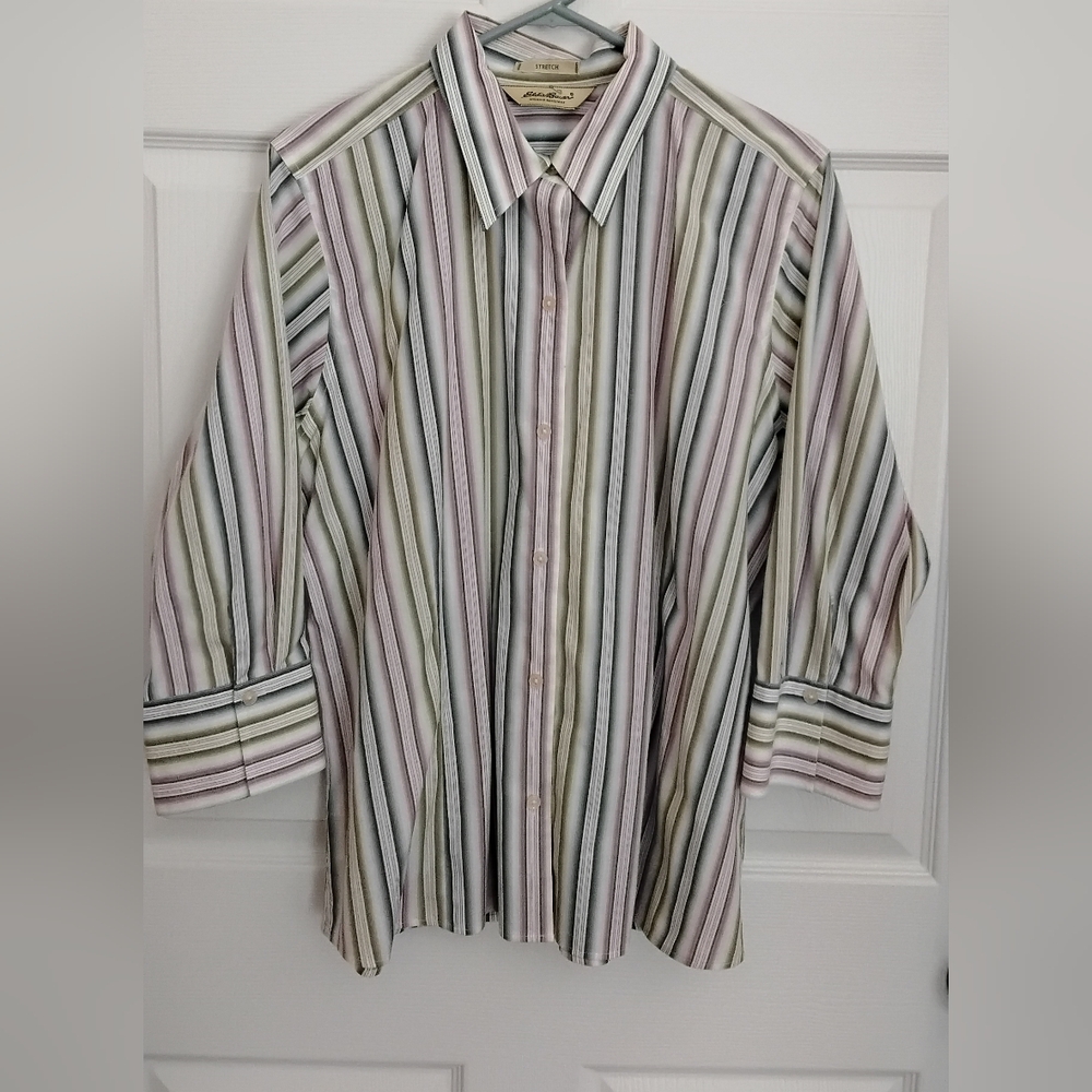 Eddie Bauer Multi-Stripe Button-Down Shirt in Pastel Green, Pink, and Cream